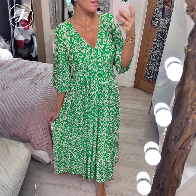 Bohemian Casual Print V-Neck Waist Wrap Long Dress