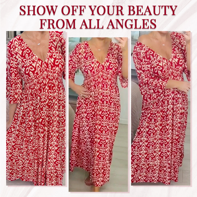 Bohemian Casual Print V-Neck Waist Wrap Long Dress